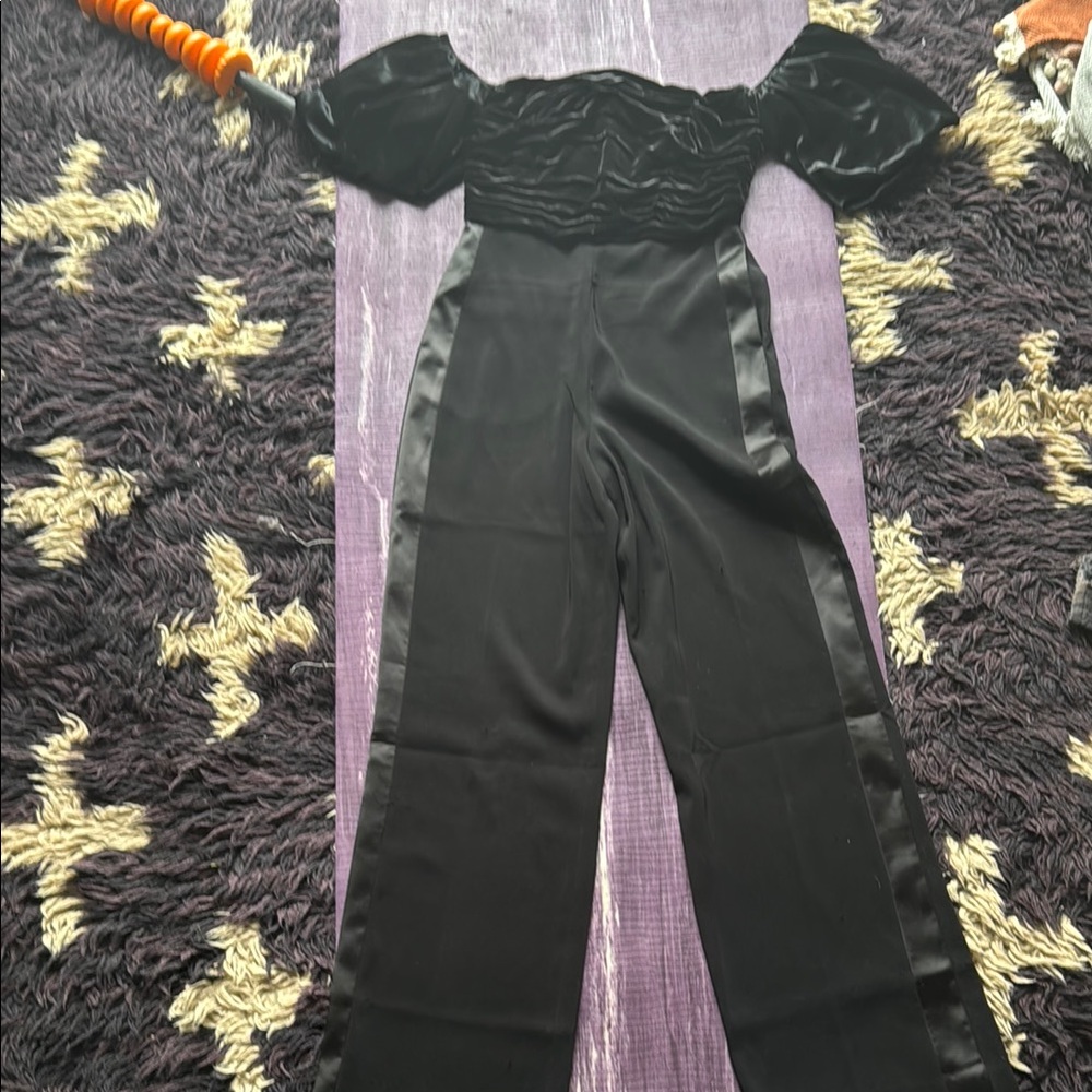 Reiss Black Jumpsuit with Puff Sleeves and Wide Legs